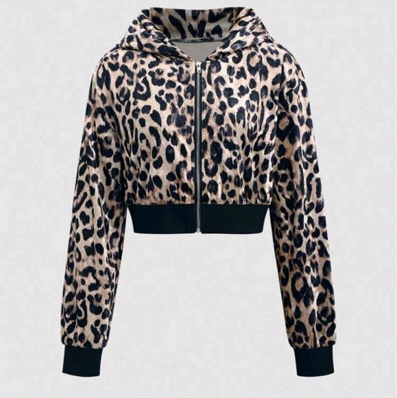 Leopard Print Velvet Cropped Y2K Style Casual Zipper Hoodie - Picture 1 of 5